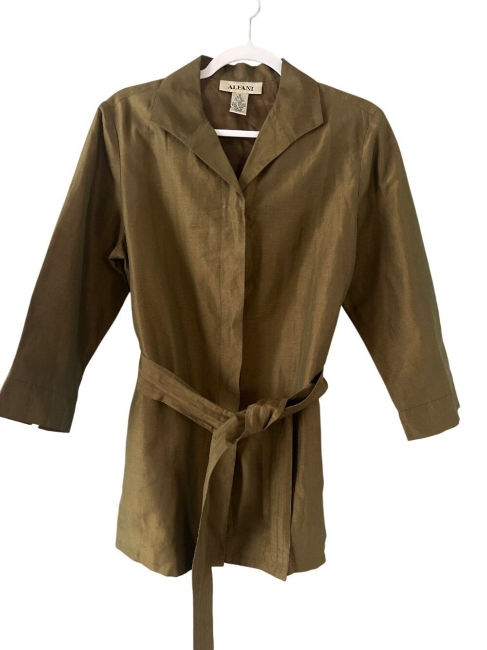 Alfani Women's 10 Silk Linen Blend Belted Jacket Blazer Olive Green Classic